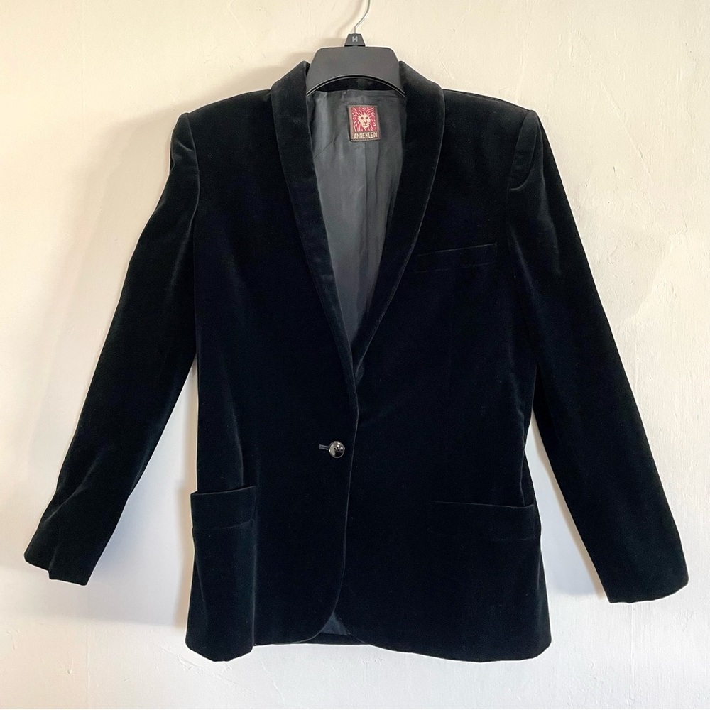 Vintage 80s Blazer Anne Klein Black Velvet S/M Single Breasted - Picture 2 of 9